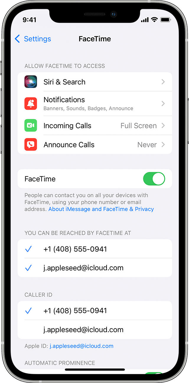 An iPhone showing the FaceTime settings screen, with FaceTime turned on.