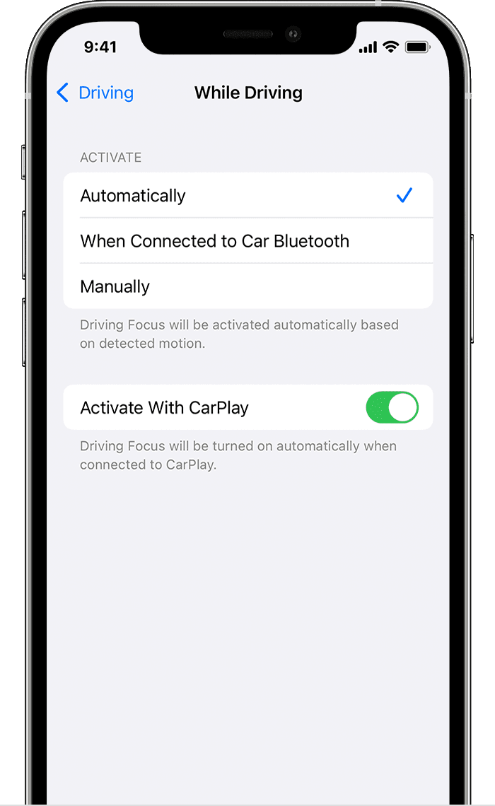 iPhone showing how to turn Driving on automatically