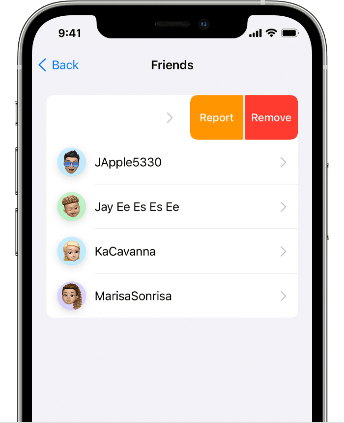 Zaslon »Friends« (Prijatelji) v aplikaciji Game Center za napravo iPhone s prikazanimi možnostmi »Report« (Prijava) in »Remove« (Odstrani)