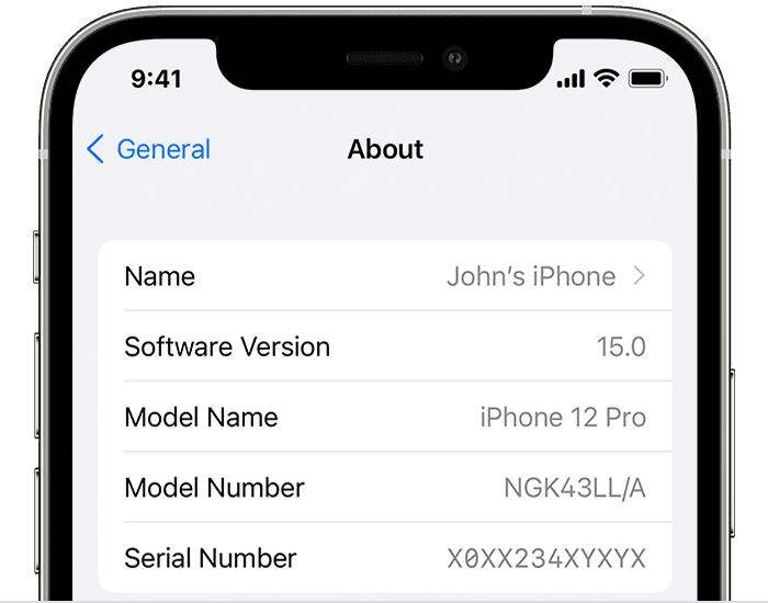 „iPhone“ rodomas ekranas „About“ (apie) ir po įrenginio pavadinimu nurodyta programinės įrangos versija.