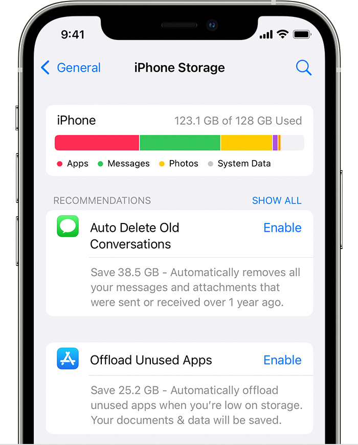 Screen showing iPhone storage