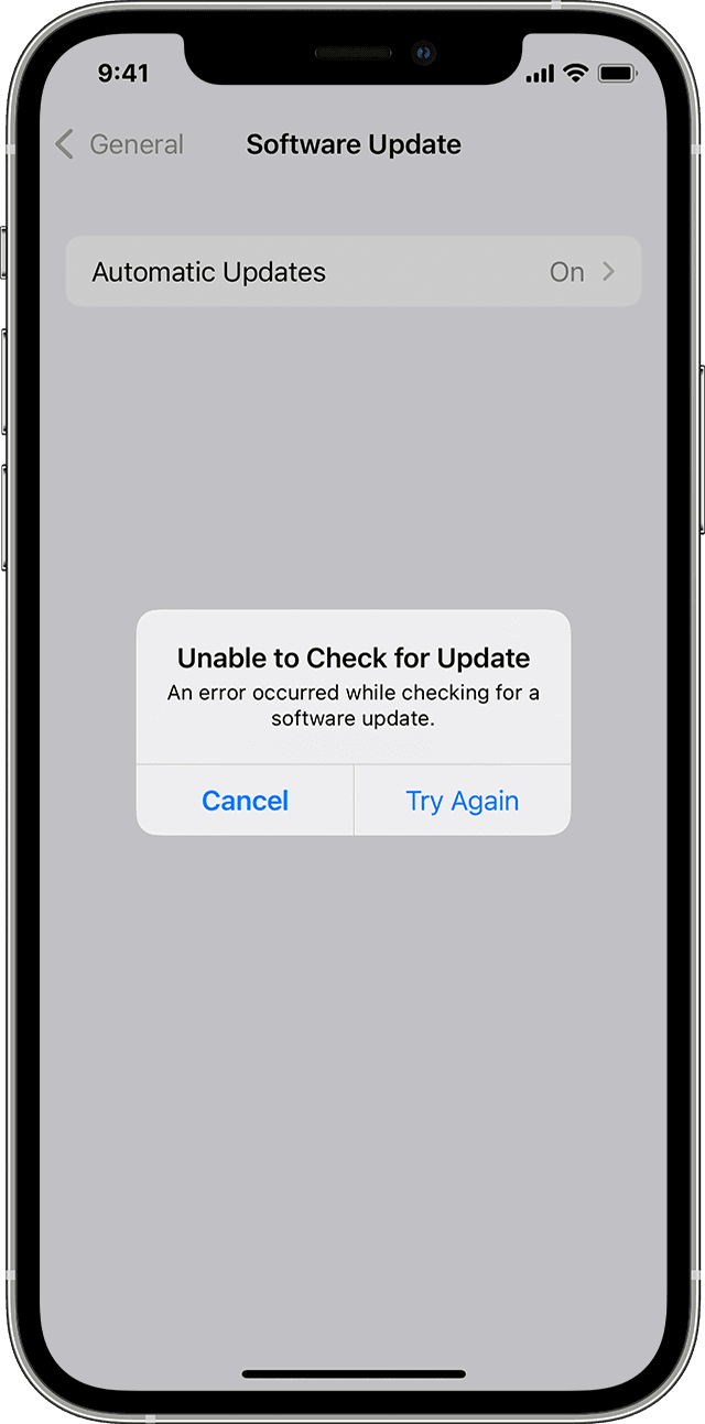 An iPhone showing the "Unable to Check for Update" alert.