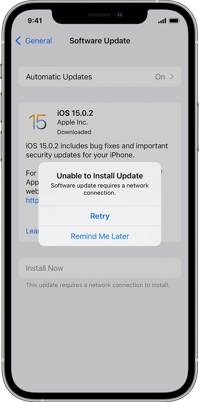 An iPhone showing the "Unable to Install Update" alert.