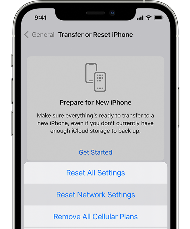 An iPhone on the Settings > General > Transfer or Reset [Device] > Reset screen. Reset Network Settings is selected.