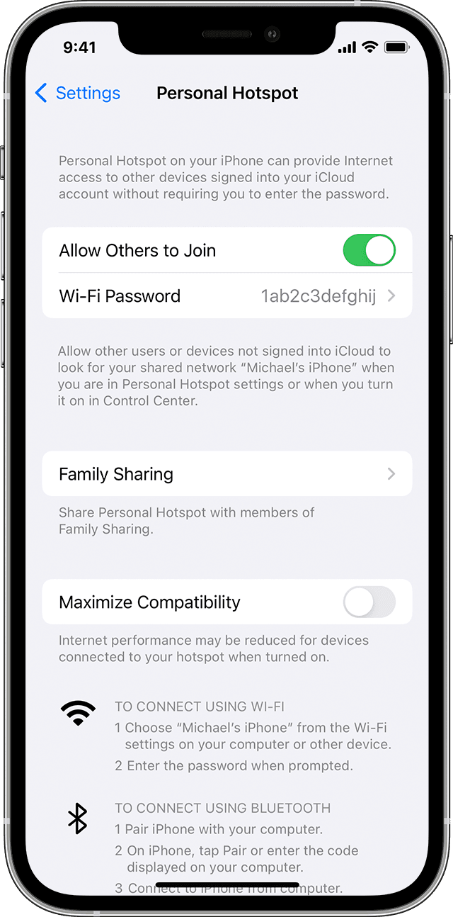 How do I turn on sharing on my iPhone?