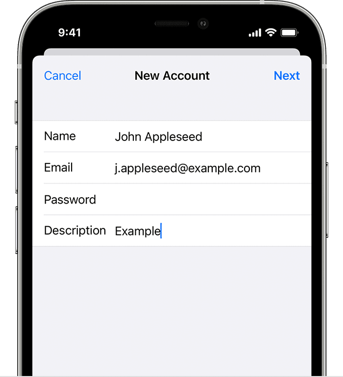 iPhone screen showing how to set up an email account manually
