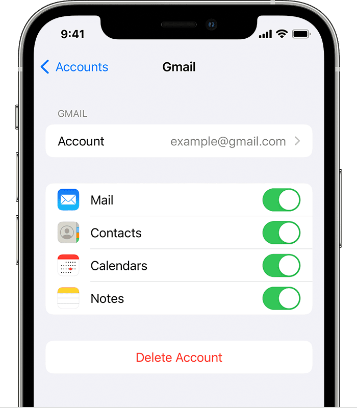 An iPhone showing the settings for a connected Gmail account at Settings > Mail > Accounts > Gmail.