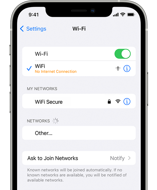 iPhone so zobrazenou obrazovkou Nastavenia > Wi-Fi. Pod názvom Wi-Fi siete je zobrazený text Žiadne pripojenie na internet.