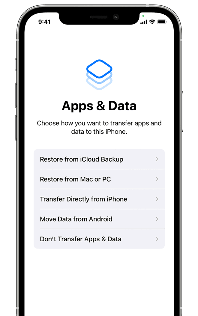 Screen showing option to choose how you want to transfer apps and data
