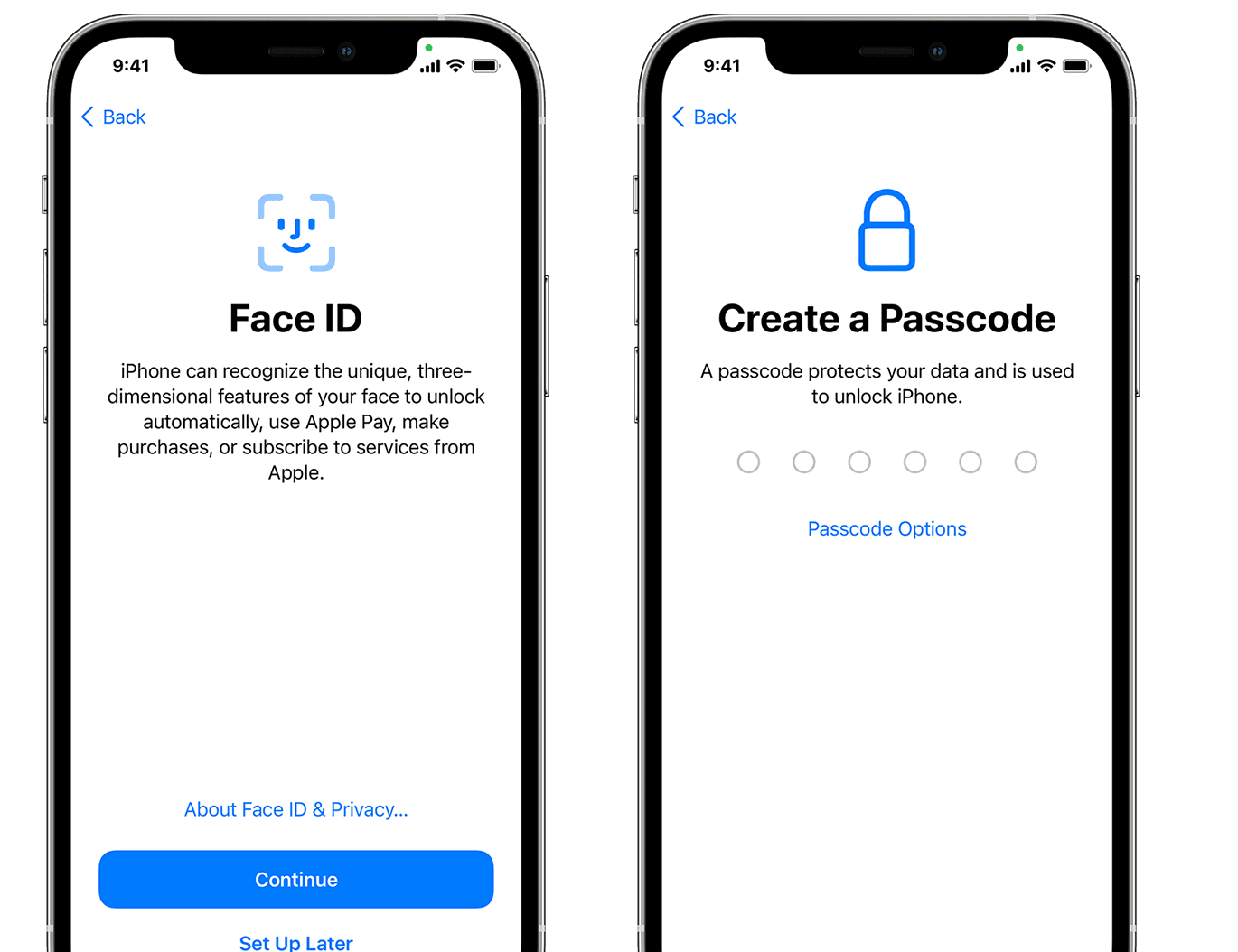 Screen showing option to set up Face ID and Create a Passcode