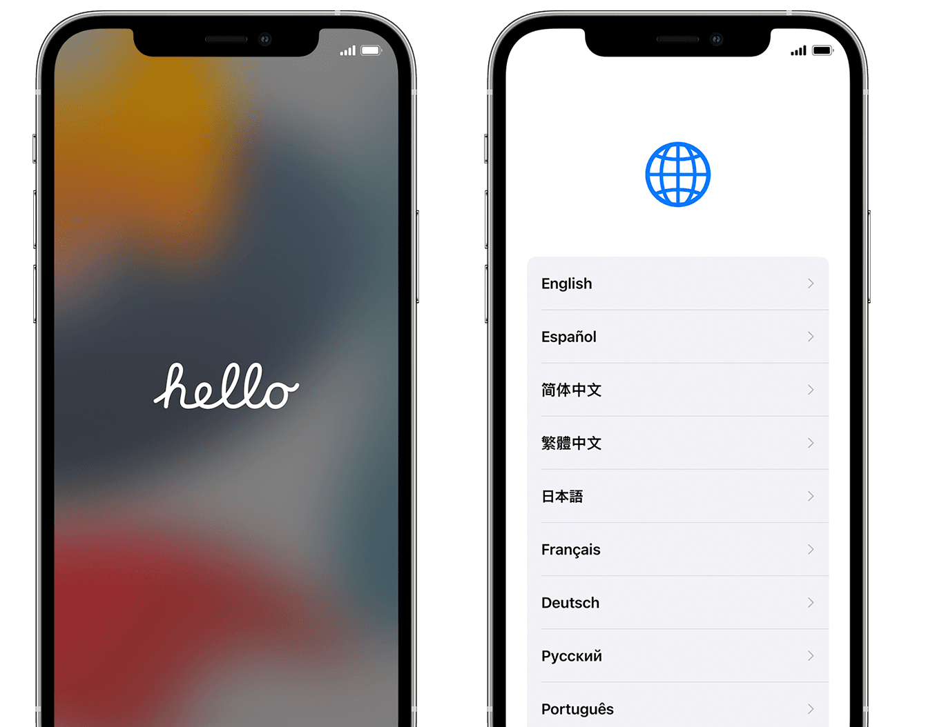Hello screen with option to select your language