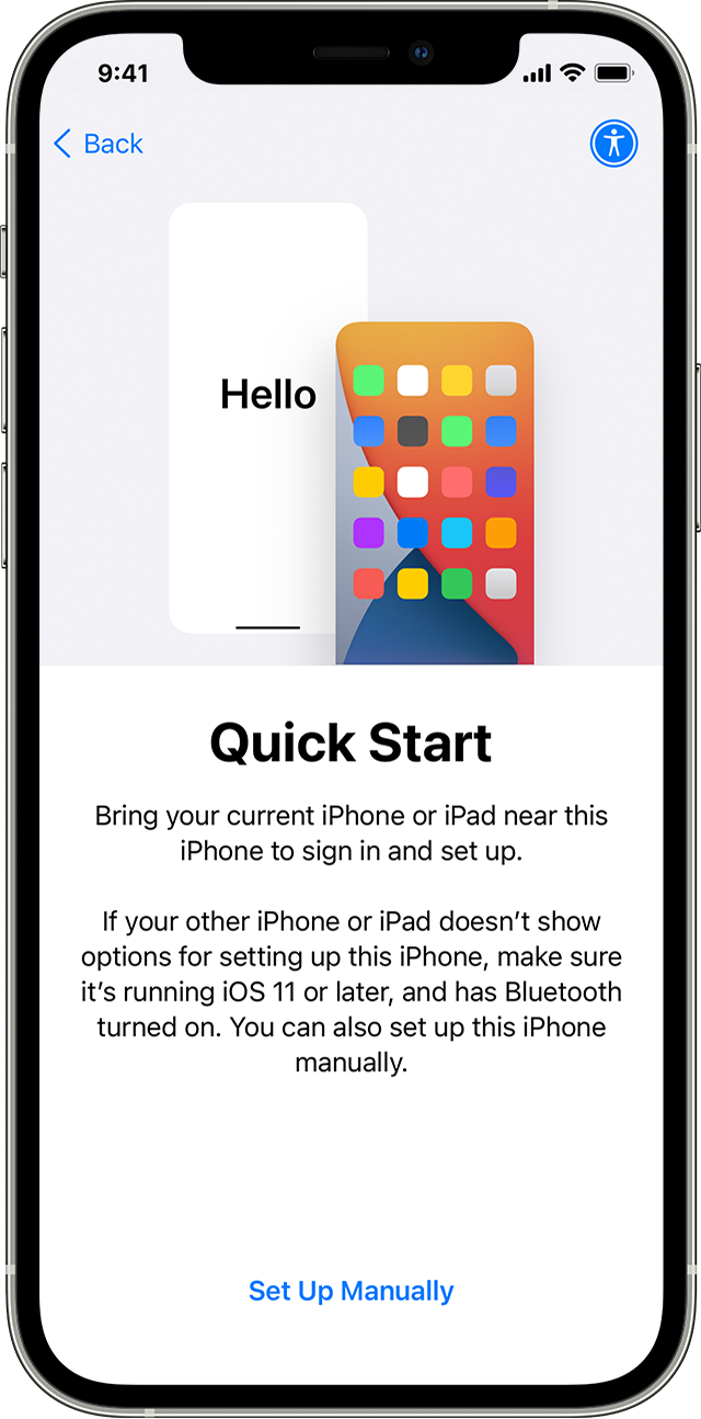 A new iPhone showing the Quick Start screen. The instructions ask you to put your old device near your new one.