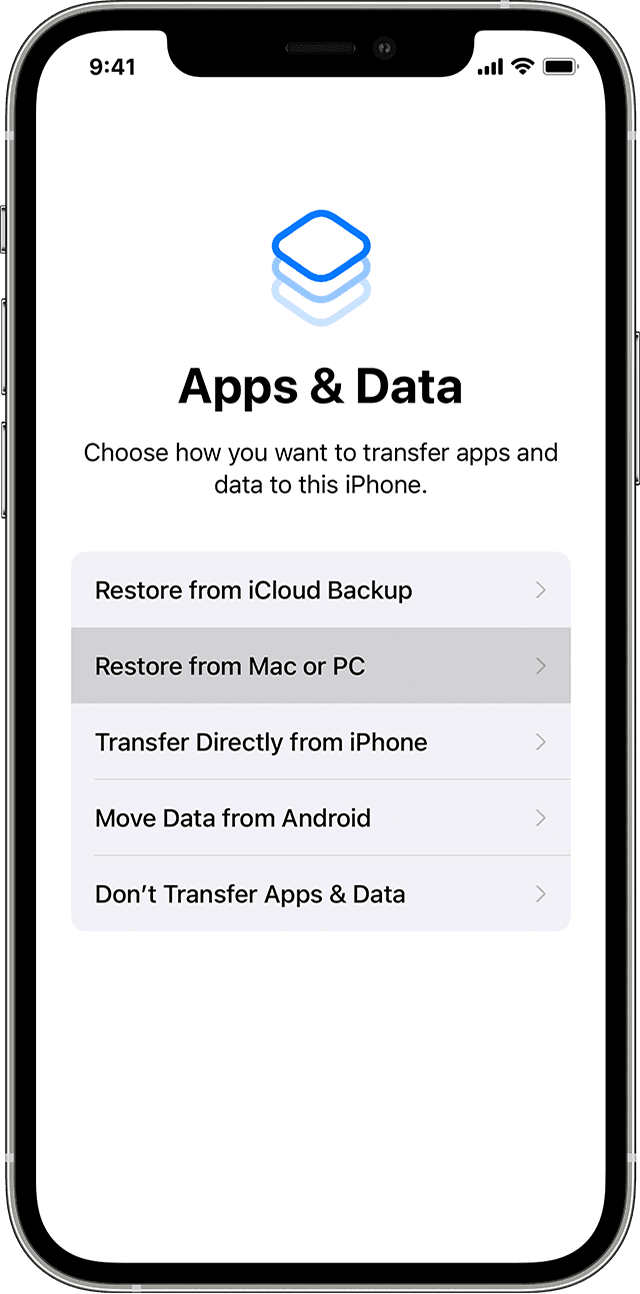 An iPhone showing the Apps & Data screen with "Restore from Mac or PC" selected.