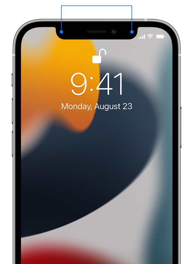 An iPhone with lines pointing to the TrueDepth camera, two spots at the top of screen, one on each side of the center notch.