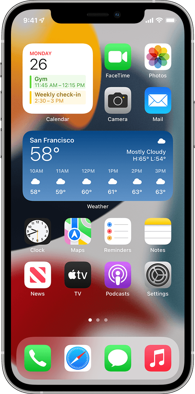 iPhone showing Home Screen with widgets