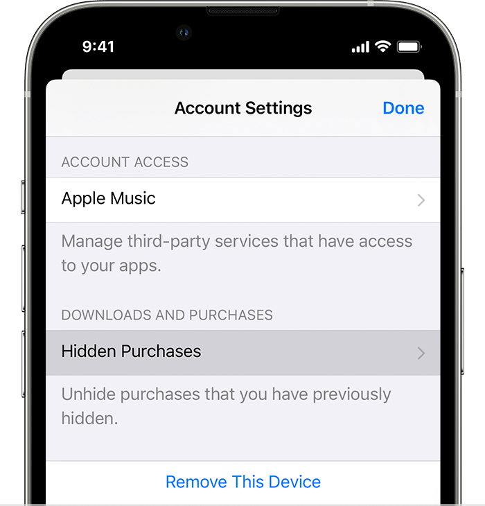 iPhone tālruņa ekrānā ir parādīta izvēlnes opcija Hidden Purchases (Paslēptie pirkumi).