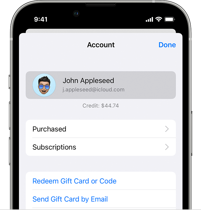 iPhone, ki prikazuje meni »Account« (Račun) z izbranim računom Apple ID osebe John Appleseed.