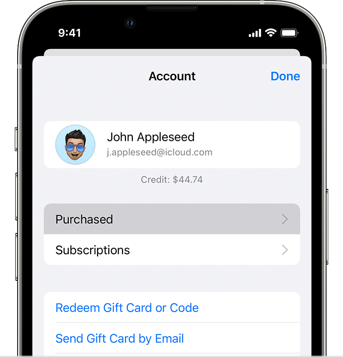 iPhone, ki prikazuje možnost »Purchased« (Kupljeno) v meniju »Account« (Račun).