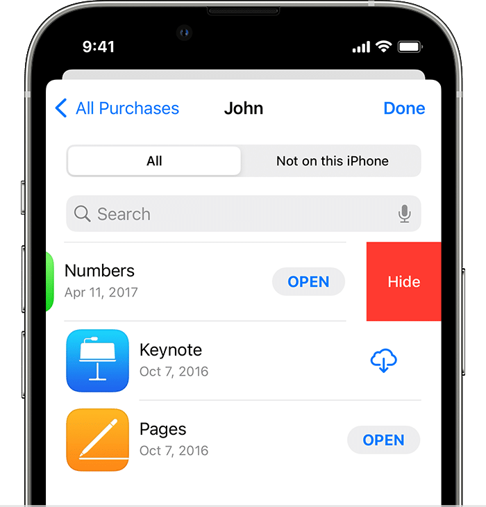 iPhone, ki prikazuje, kaj se zgodi, ko aplikacijo med svojimi nakupi podrsneš v levo in se prikaže gumb »Hide« (Skrij).