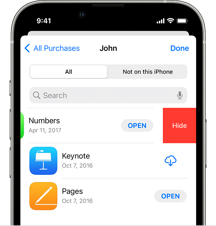 iPhone showing what happens when you swipe left on an app in your purchases and the Hide button appears.