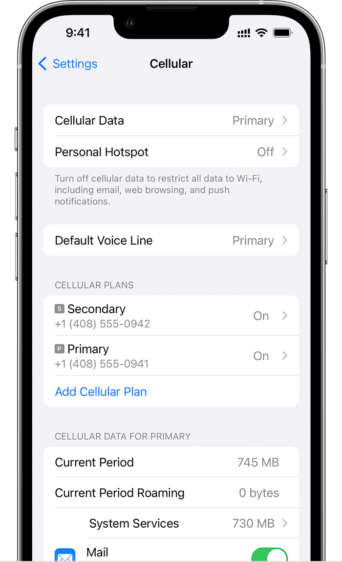 Image shows cellular data settings screen.