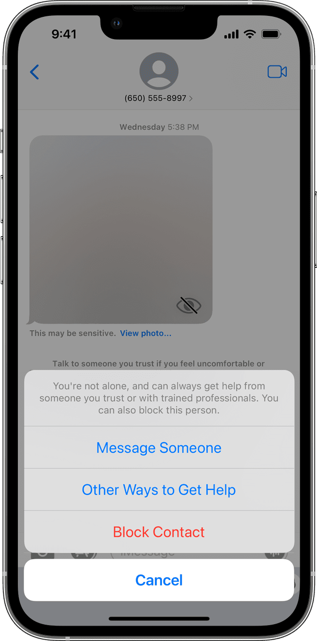 iPhone Messages Ways to get help options