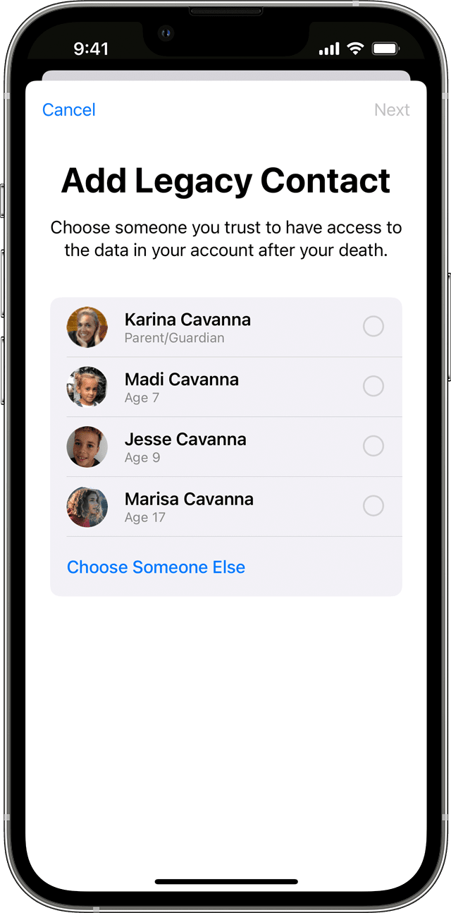 Add Legacy Contact screen showing Family Sharing members