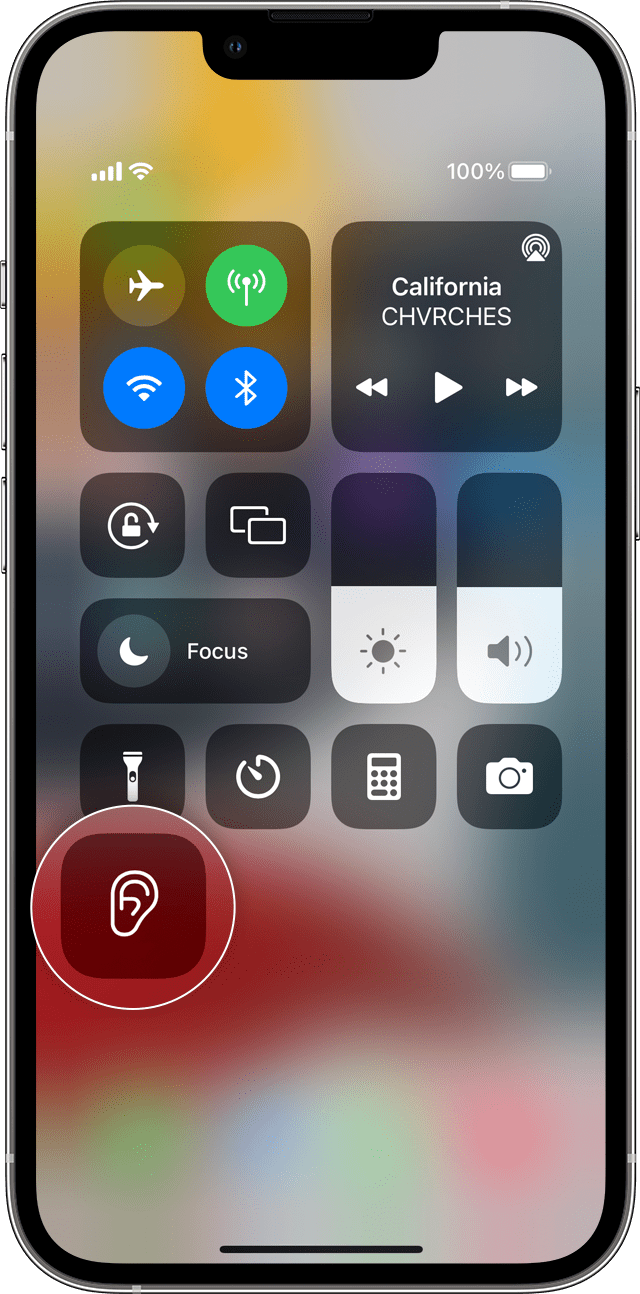 Centro di Controllo in iOS con il pulsante Udito visualizzato