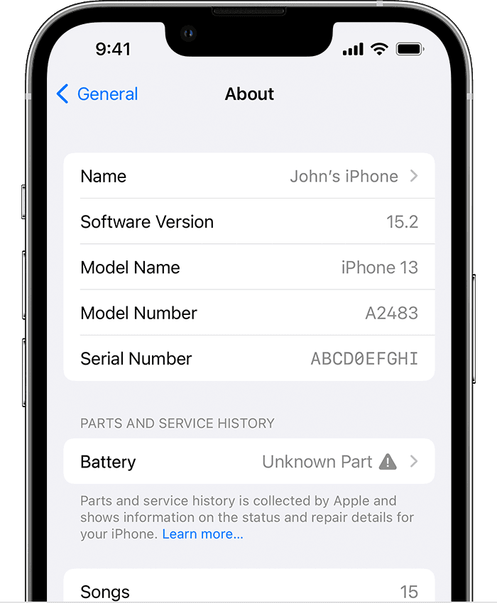 Ios15 Iphone13 Pro Settings General About Parts Battery Unknown Part 