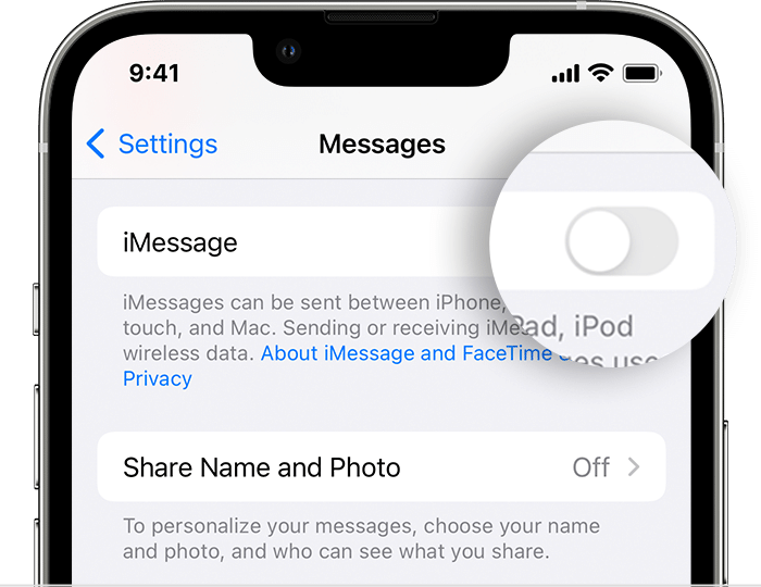 To turn off iMessage, tap the switch.