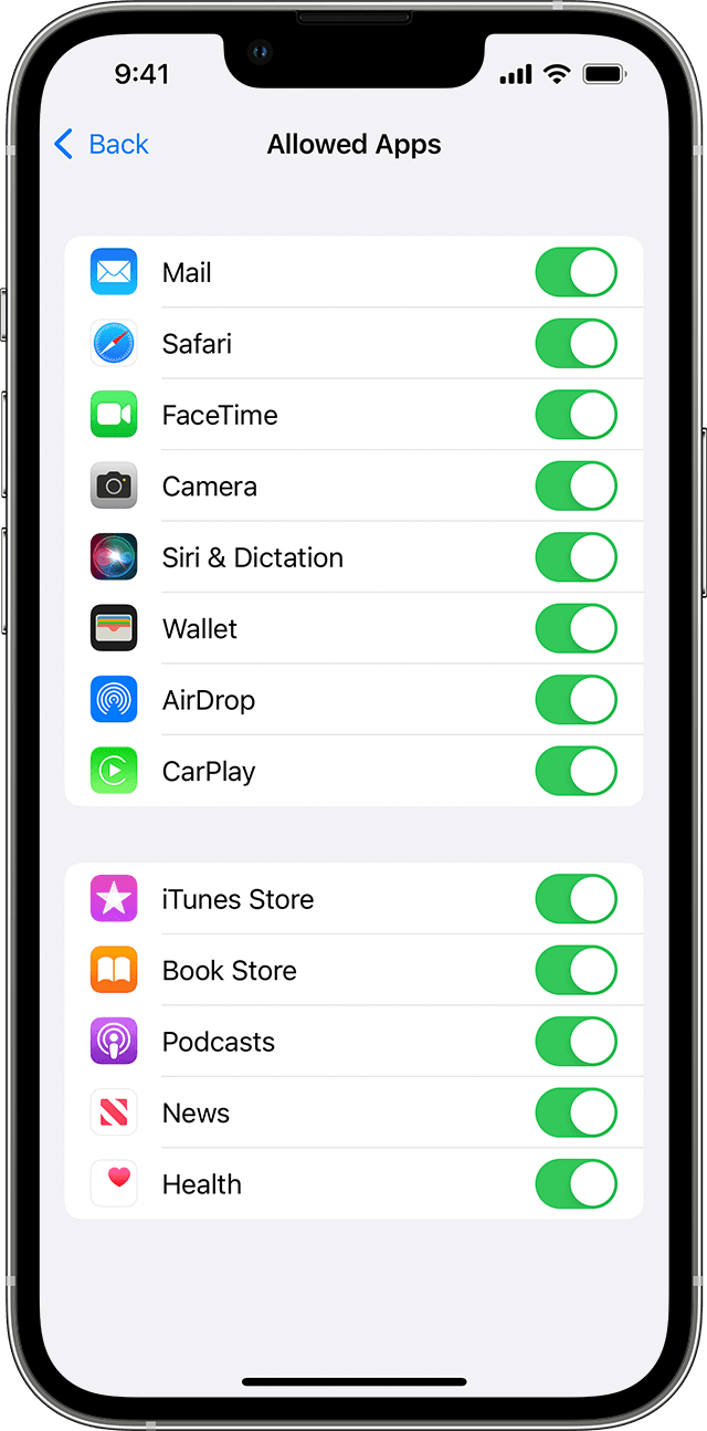 iPhone showing the Allowed Apps screen. Selected apps have their toggle turned on.