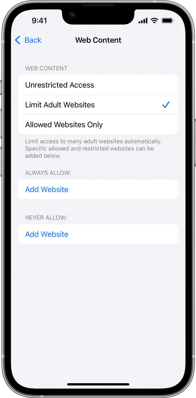 iPhone showing the Web Content screen. Under Web Content, the Limit Adult Websites option is selected with a tick next to it.