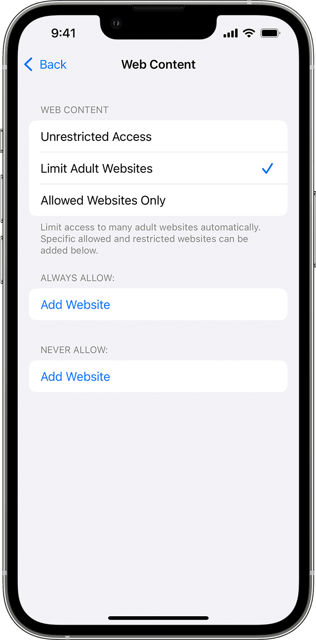 An iPhone showing the Web Content screen. Under Web Content, the Limit Adult Websites option is selected with a checkmark next to it.