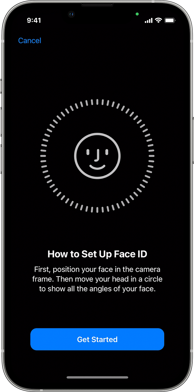 Začetek postopka nastavitve funkcije Face ID (ID obraza) 