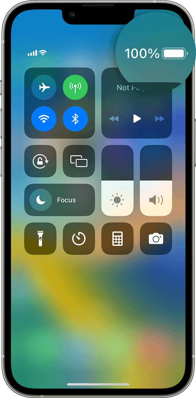 iPhone screen with Control Center showing battery percentage at 100%