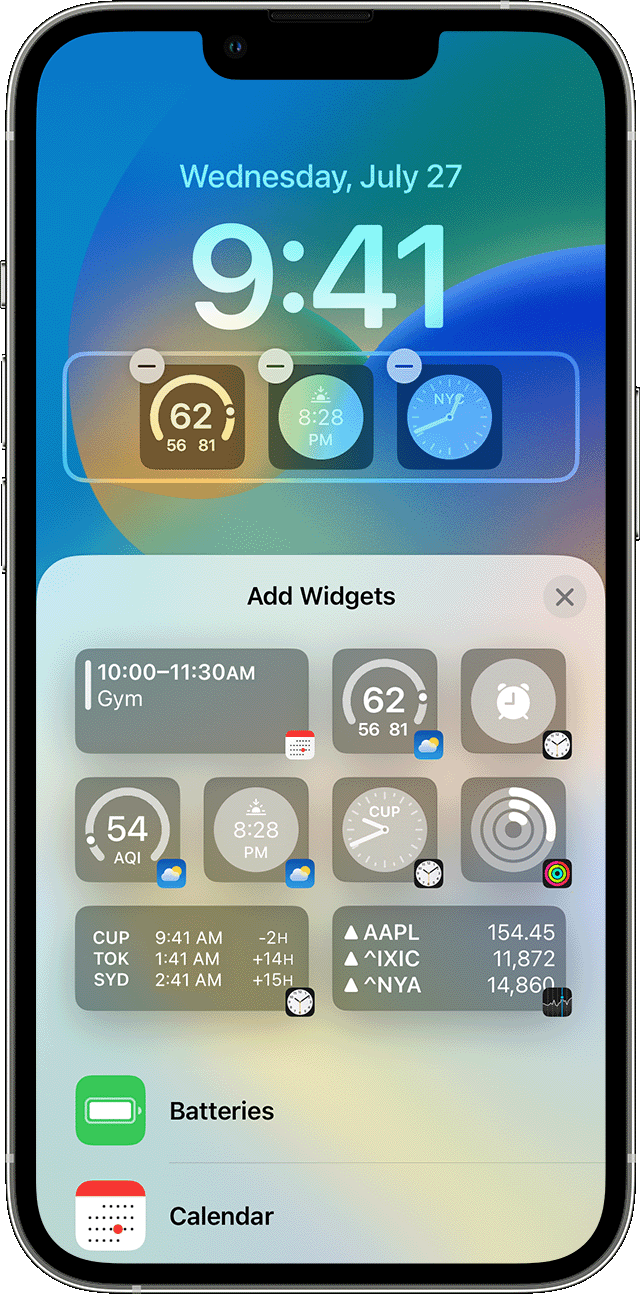 iPhone-skærm, der viser, hvordan du føjer widgets til låseskærmen