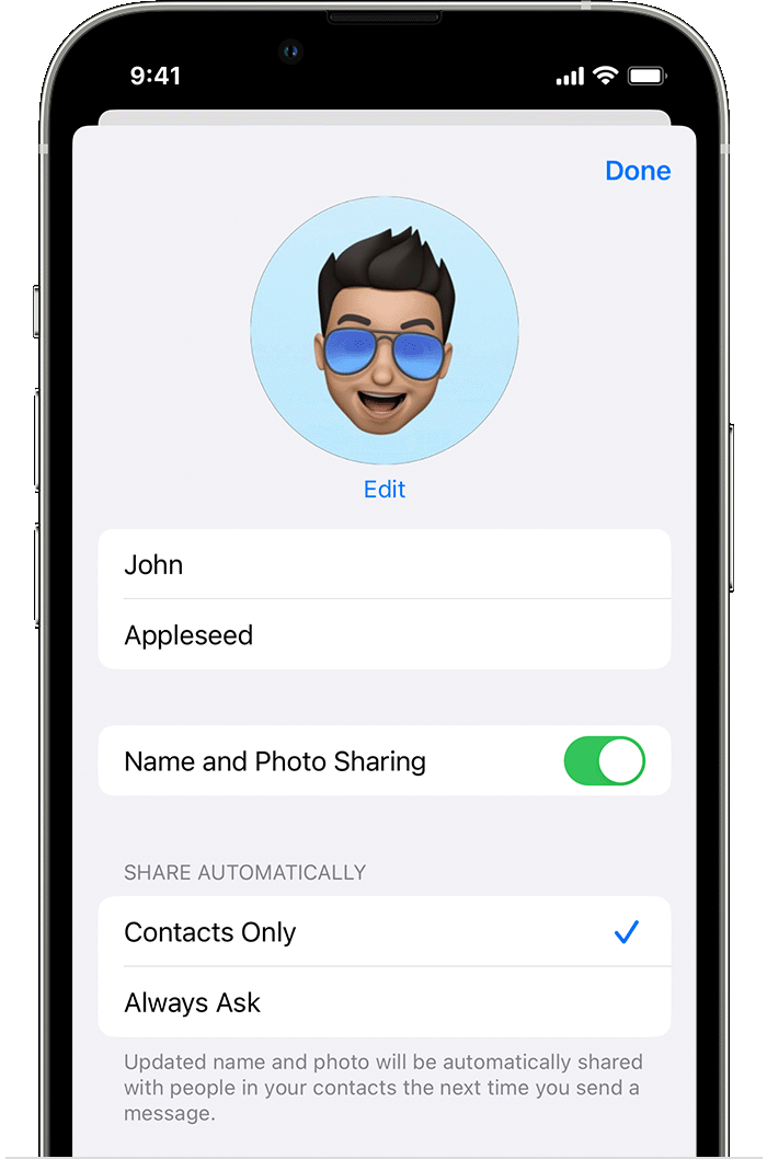 iPhone a mostrar como alterar o seu nome ou a fotografia na app Mensagens.