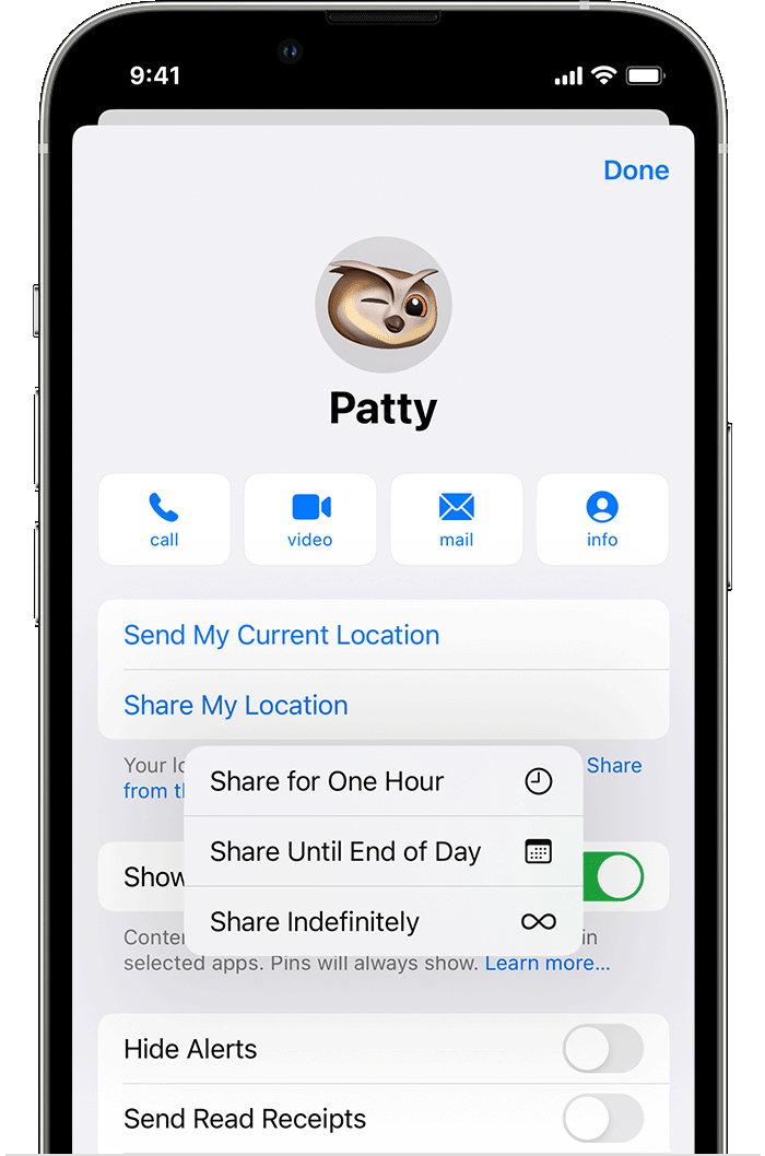 iPhone waarop wordt getoond hoe u in Berichten uw locatie kunt versturen en delen.