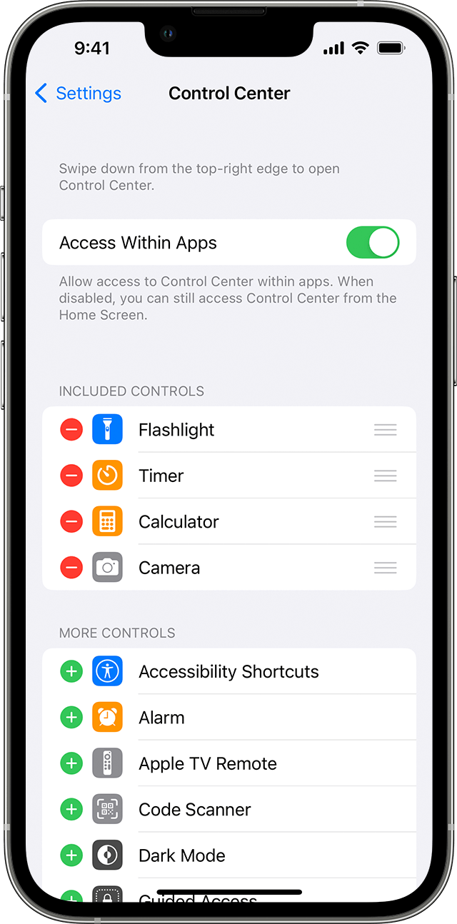iPhone showing Control Centre settings screen