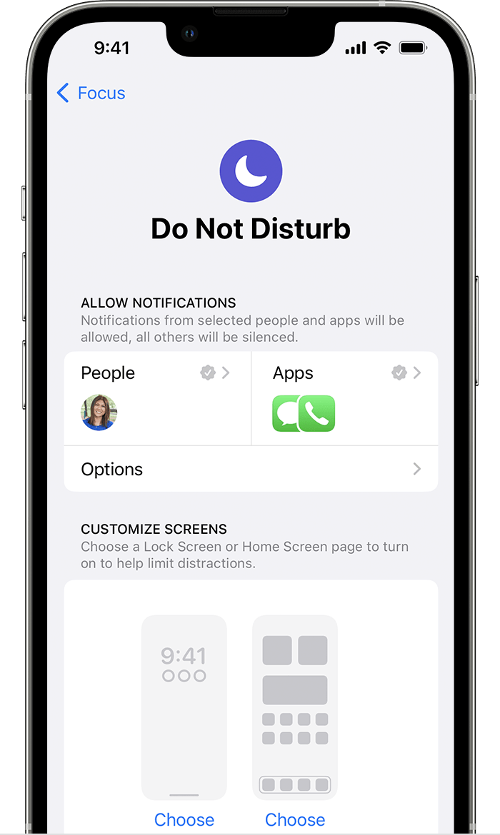 iPhone screen showing the settings for Do Not Disturb Focus.