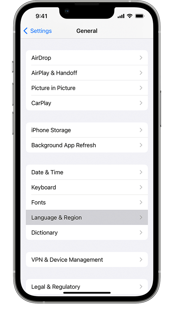 An iPhone showing the General settings menu, with the Language & Region option highlighted.