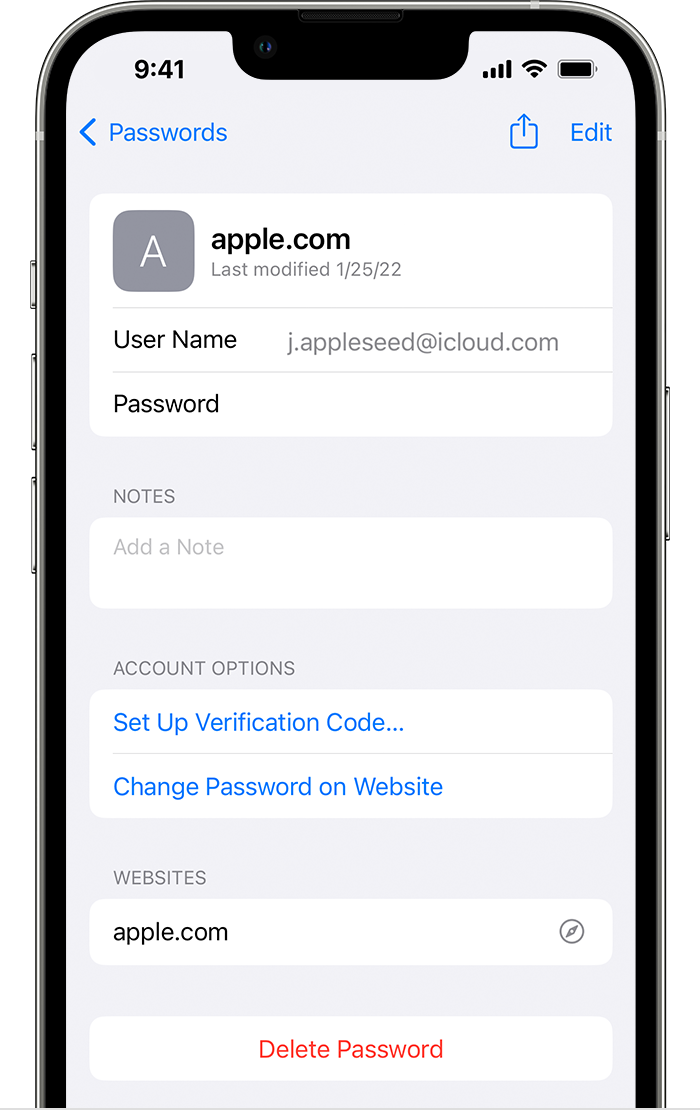 Un iPhone affiche les détails du compte Apple de l’utilisateur, notamment le nom d’utilisateur et le mot de passe.