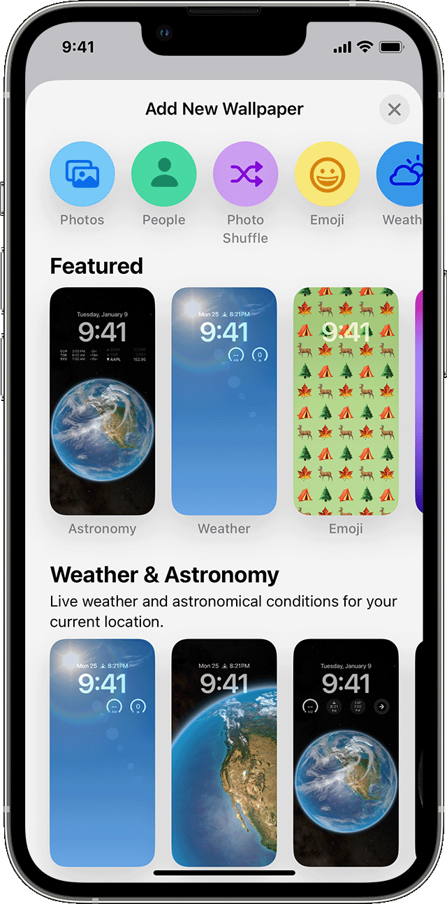 Opciones para agregar un fondo de pantalla nuevo en iOS 16.
