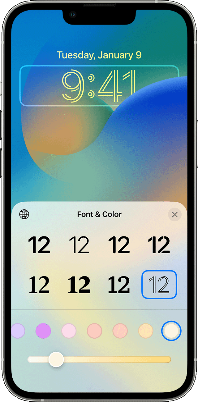 Možnosti písma a barvy pro přizpůsobení zobrazení času na uzamčené obrazovce v iOS 16.