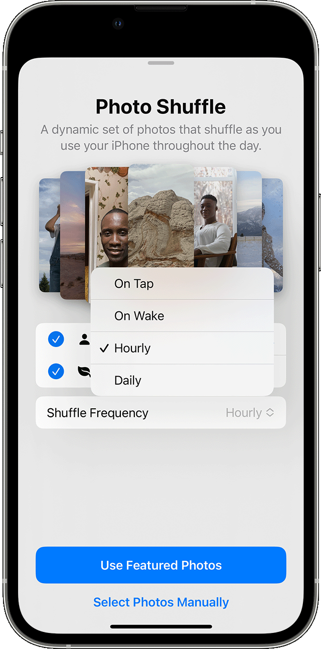 Las opciones de frecuencia de los fondos de pantalla de Fotos aleatorias en iOS 16.