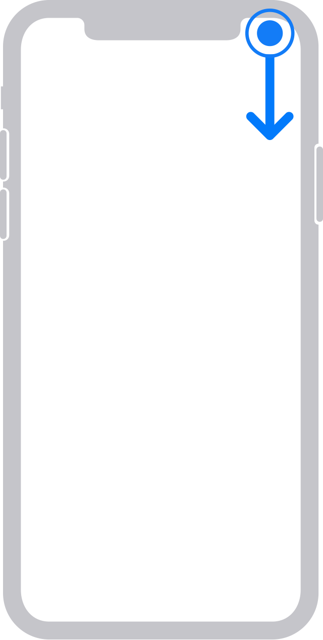 Diagrama en el que se muestra una flecha que apunta hacia abajo desde la esquina superior derecha de la pantalla de un iPhone