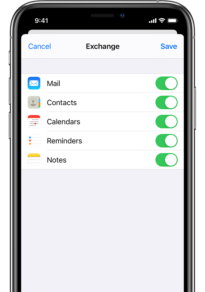 Exchange account configuration screen in settings