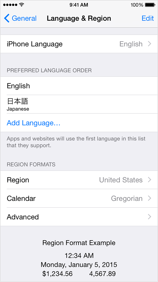 Language & Region screen