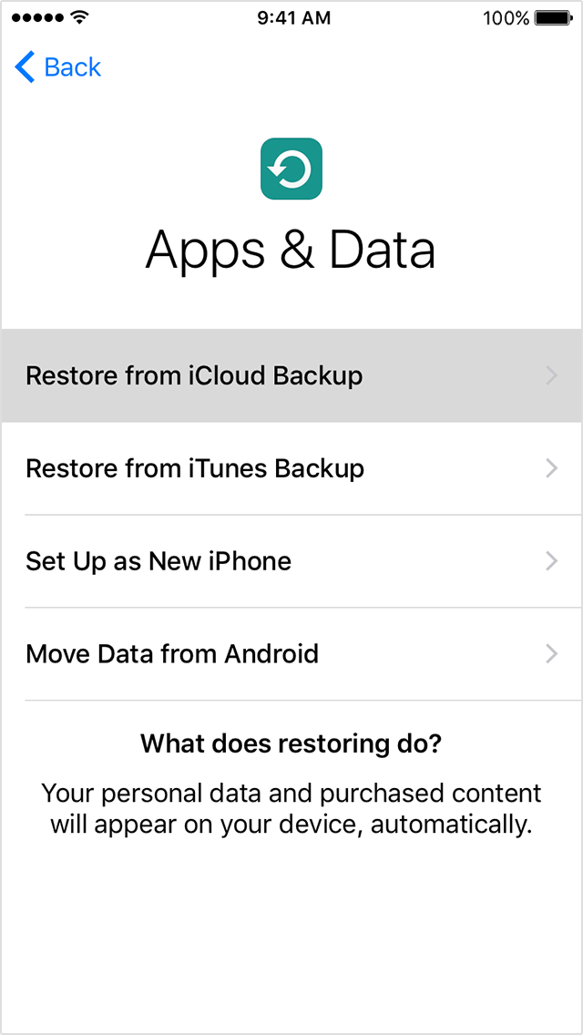 Tap Restore from iCloud Backup on the Apps & Data screen