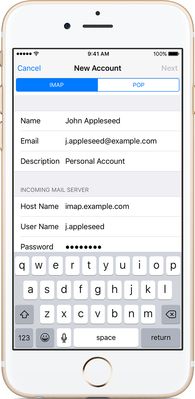 adding email to iphone what is host name